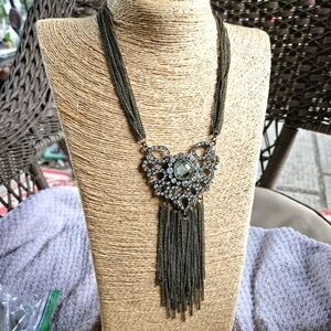 Vintage Cutout Rhinestone Heart With Chain Fringe Necklace